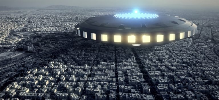 Photograph of a UFO hovering over a city