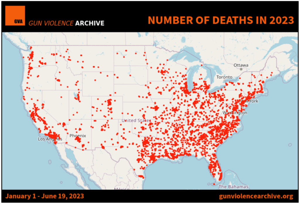 American deaths caused by guns January 1 to June 18,  2023